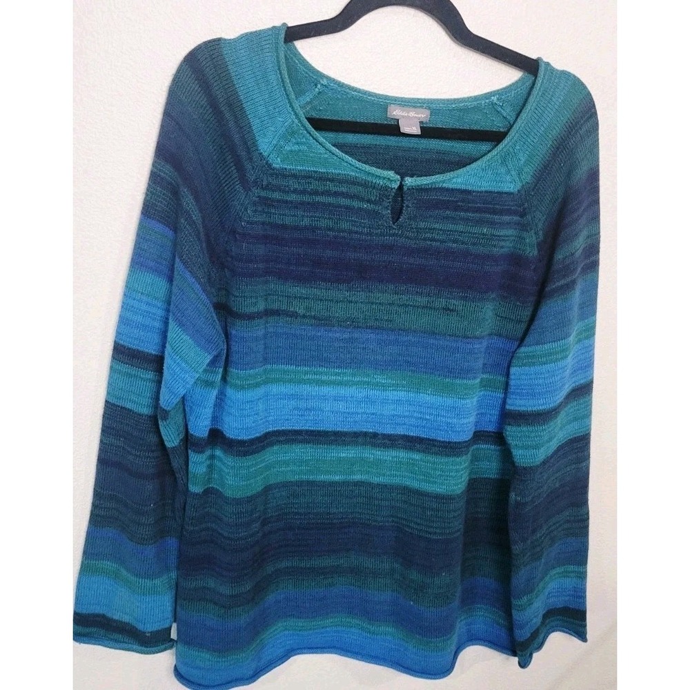 Eddie Bauer Striped Knit Top Women's XL Blue Green Cotton‎ Sweater